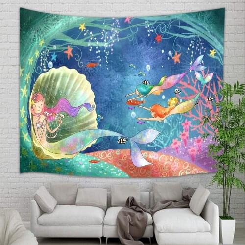 Teen Girl Underwater World Watercolor Mermaid in Seashell Wall Tapestry Art