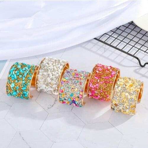 European Bohemian Metal Zircon Bracelet Colorful Rhinestone Resin Stone Open Adjustable Wide Cuff Bracelet Women Jewelry