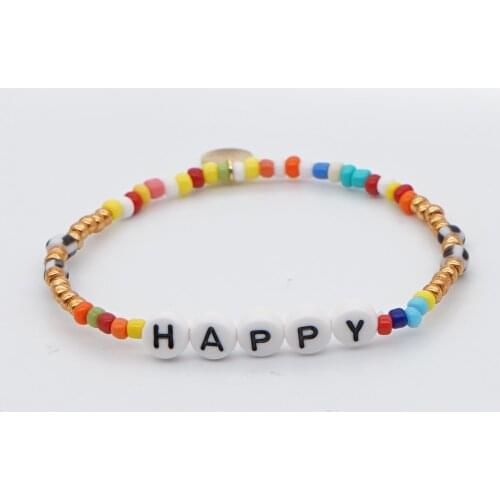 GO2BOHO HAPPY Letter Rainbow African Seed Beaded Bracelets Charm Bracelet For Women Armband Colorful Bohemian Femme Boho Jewelry