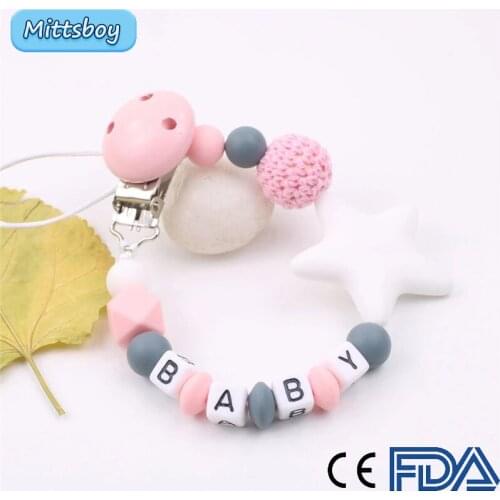 Hot DIY Personalized Name Handmade Pacifier Clip Holder Chain Silicone Pacifier Chains Five Star Teether Teething Chain Gift Toy
