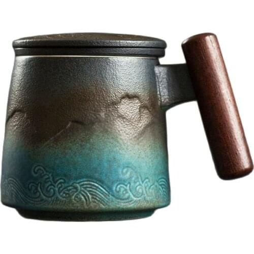 Ceramic Retro Coffee Cup Office Water Cup Filter Tea Cup with Cover Cups and Mugs Wooden Handle Caneca Birthday Gift Box Teaware