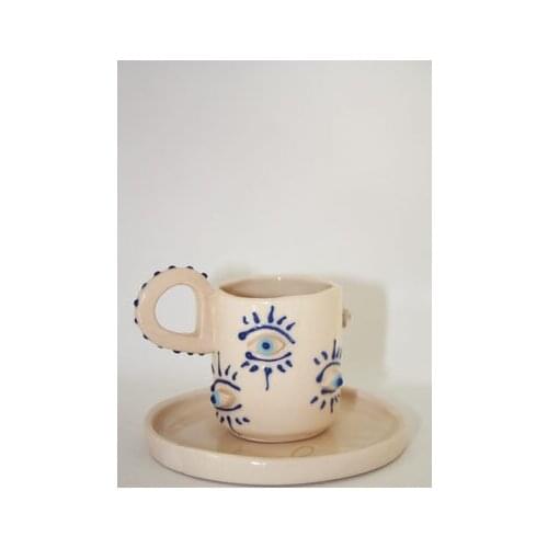 Ceramic Handmade Evil Eye Pattern Turkish Coffee Cup and Saucer Office Cafe Cup Design