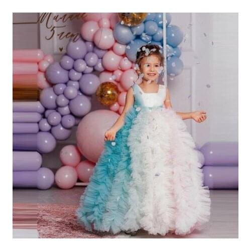 Lovely Colorful Tulle Kid Dresses Ball Gown Sleeveless Square Neck Ruffles Pleated Girls Birthday Party Dress