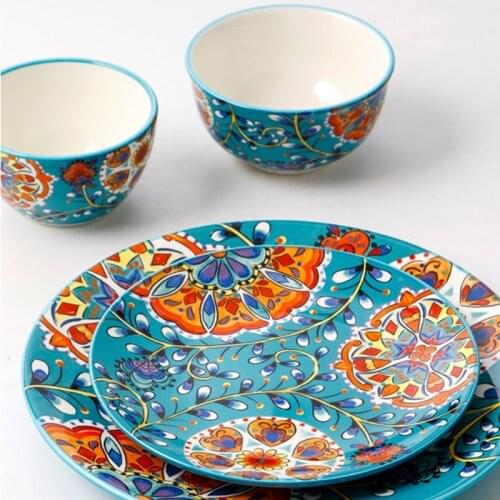 Ceramic Tableware Bohemian Style Round Flowers Bone China 6/8/10 Inch Plate Bowl Dish Household Kitchen Supplies Dinnerware