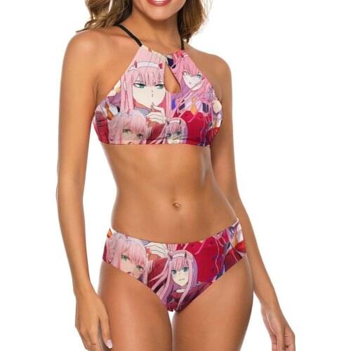 Swimsuits Zero Two Cosplay Anime Darling In The Franxx Women Girl High Neck Sling Top Bikinis Shorts 2-Piece Summer Bathing Suit