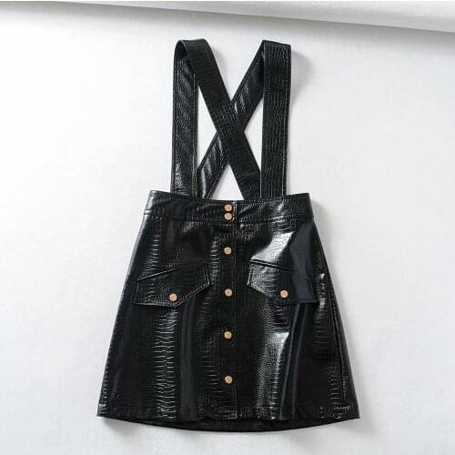 Mini Skirts Lady High Waist Elegant Shoulder Strap Suspender Skirt 2021 New Fashion Women Autumn Winter Sexy Faux Snake Leather
