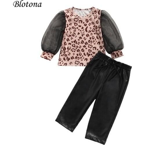 Blotona 2Pcs Kids Girls Fashion Outfits, Leopard O-Neck Long Mesh Sleeve T-Shirt +Elastic Waist Solid Color Leather Pants 6M-5Y