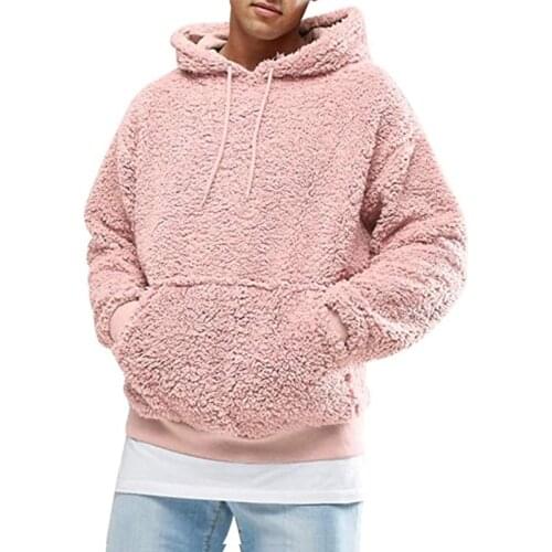 Men Boys Winter Thicken Plush Long Sleeve Sweatshirt Pullover Drawstring Hoodie Tops with Pocket Fluffy Kangaroo Outwear S-3XL