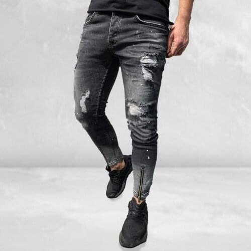 Summer Men Jeans Mid Rise Skinny Fashion Ripped Holes Zipper Pencil Pants Spring Trousers Overalls Travel 3XL