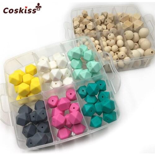 2 Boxed Blending Natural Round Geometry Hexagon Wooden Beads Mixed Color Geometry Hexagon Silicone Beads Baby Teether Toys Set