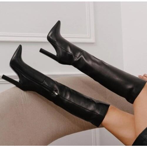 Newest Paris Matte Leather Thick Chunky Heels Boots Pointed Toe Zipper Tight Knee High Boots Brown Black Gray Leather Tall Boots