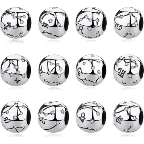 Original 100% 925 Sterling Silver Aquarius Star Sign Zodiac Beads Charms Fit Bracelets DIY Twelve Constellations