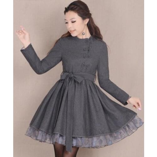 Autumn winter Woolen Dress Plus Size 3xl vintage Mesh patchwork o-neck slim a-line dress