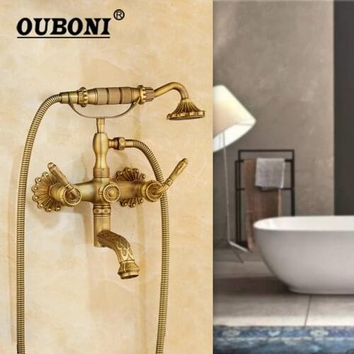 OUBONI Telephone Shower Set Bathtub Hand Shower Antique Brass Wall Mounted Bathroom Double Handle Dual Hole Shower Faucet Set