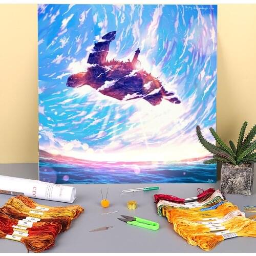 Scenery Flying Village Printed Fabric 11CT Cross-Stitch Full Kit DIY Embroidery DMC Threads Knitting Painting Craft Gift
