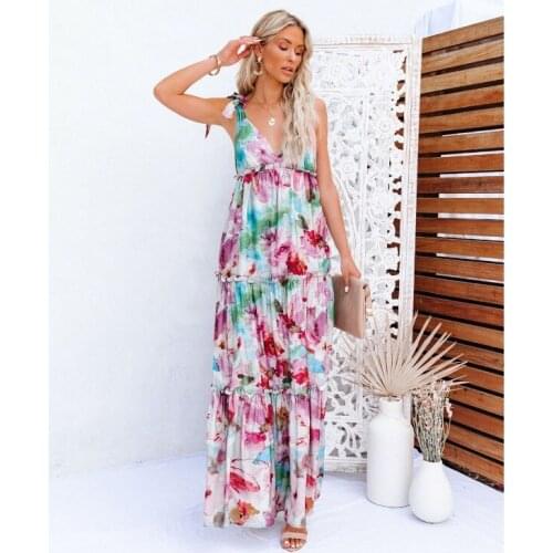 Womens Summer Sexy Lace Up Maxi Dress Backless Printing Floral Dress V-neck Strapless Ankle-Length Dress Chic Mujer Vestidos