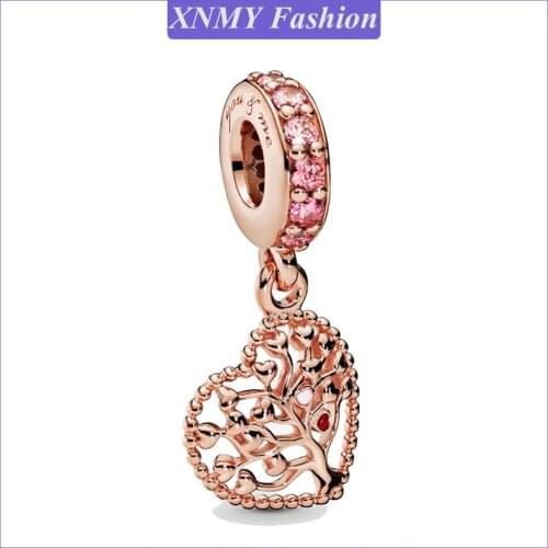 XNMY New Rose Gold Color Pink Family Tree Heart Dangle Charm Fit Original Pandora Bracelet DIY Women Jewelry Making