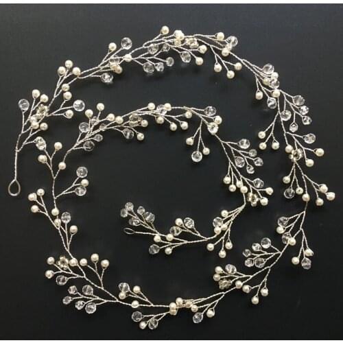 SLBRIDAL Handmade Long Wired Rhinestone Crystals Pearls Wedding Hairband Headband Bridal Headpiece Hair accessories Bridesmaids