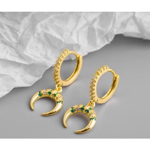 Womens Vintage Ethnic Colorful Hoop Earrings Shiny Crystal Paved Crescent Moon Zirconia Charming Earring Piercing Jewelry