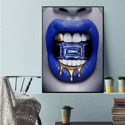 Modern Poster Art Sexy Blue Lips Diamond Bite Print Wall Oil Painting Canvas Picture Living Room Bar Office Home Decor