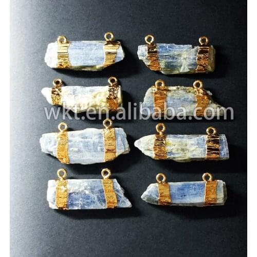 WKT Wholesale Raw Blue stone Double Bail Pendant with 24k gold strim double loops fashion gift