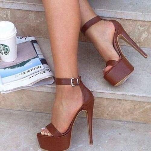 Moraima Snc Fashion Brown Leather High Heel Sandals Sexy Open Toe Ankle Strap Woman Thin Heels Shoes Platform Stiletto Sandal
