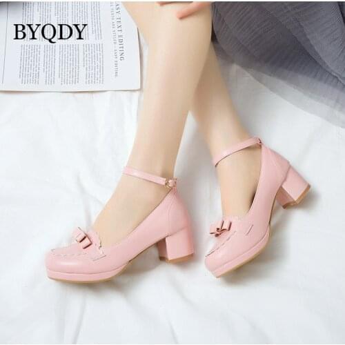 BYQDY Soft Leather Women Pumps Lolita Shoes Chunky Heels Mary Jane Shoes Bow Block Heel Japan Anime Buckle Strap Pink Pumps 43
