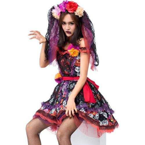 Adult Women Day Death Halloween Skull Skeleton Horror Ghost Vampire Corpse Bride Fiesta Costume Cosplay Dead Sugar Fancy Dress