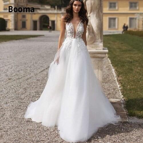 Booma Sexy V-neck Lace Wedding Dresses Boho 2019 Tulle Appliques White Bridal Gowns Princess Sleeveless Wedding Gown Party Dress