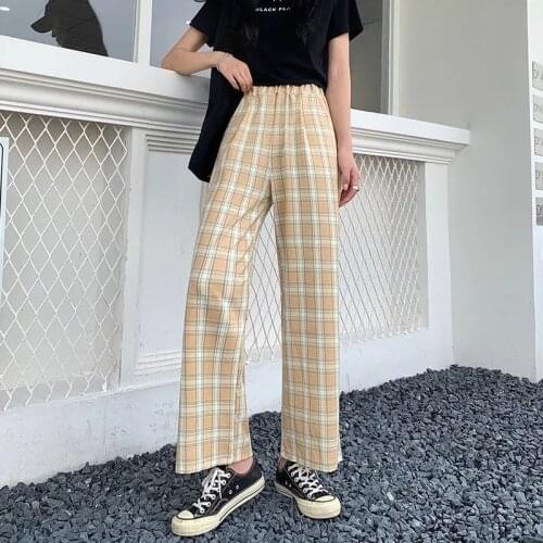 Casual Pants Women Elastic Waist Plaid Wide Leg Trousers Womens Students Simple Chic Trendy Office Lady All-match Harajuku New