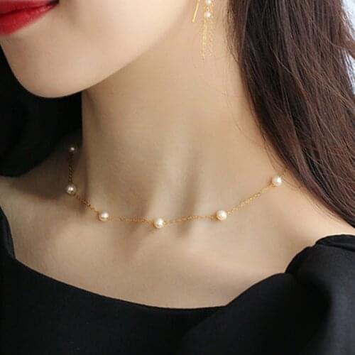 SUQI New Chain On The Neck Choker Stainless Steel Silver Color Gold ABS Choker From Pearls Necklace Pendants For Women Jewelry