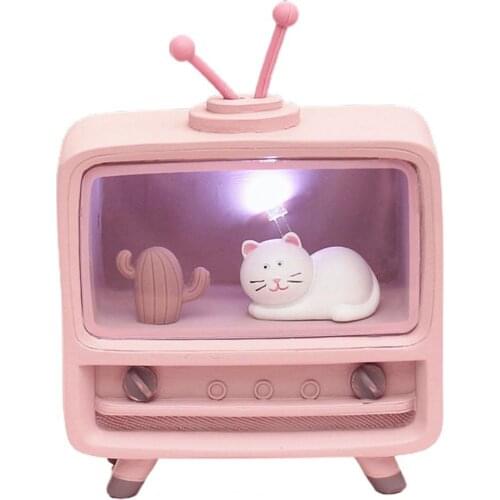Decoration Crafts Light Decor TV Shape Cats Statues Pink Animal Home Decoration Light Home Office Figurines