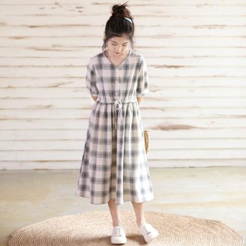 Girls Big Kids Loose Dress 2021 Summer Children Loose Retro Waist Drawstring V-neck Fairy Plaid Dress