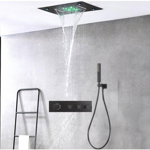 Rain Shower Head Ceiling Mounted Shower Panel Black LED Light Showerheads Set Bathroom Faucets Thermostatic Mixer System 360*500
