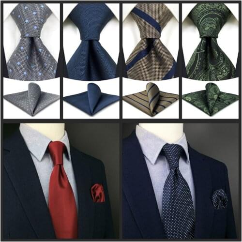 Classic Necktie Set for Men Tie with Pocket Square Blue Pink Luxury Striped Wedding Guest Gift Christmas Grey