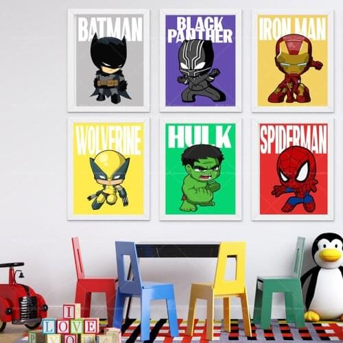 Marvel Superhero Print Poster Kids Bedroom Decor Wall Art Captain America Spiderman Hulk Iron Man Thor Canvas Painting