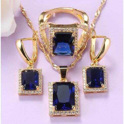 Classic Anniversary Gift Yellow-Gold Color Costume Women Jewelry Sets With Natural Stone Blue Earrings And Necklace Bridal Sets