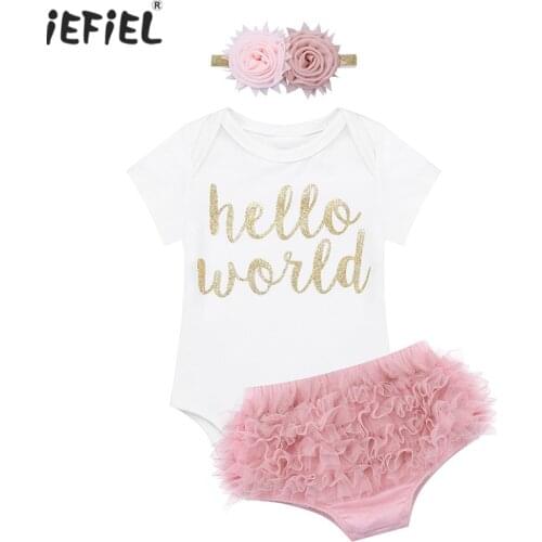 2020 Infant Baby Girl Romper Hello World Outfit New Born Baby Clothes Short Sleeves Romper with Bloomers Headband Set SZ 3-18 M