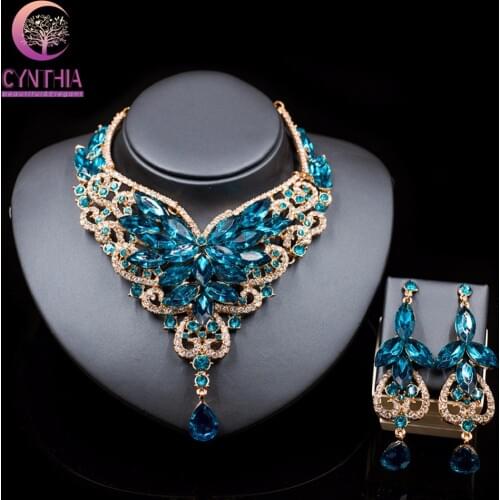 Fashion crystal-jewelry kolye vintage crystal jewelry Flower Statement Necklace earings For Women nigerian wedding african