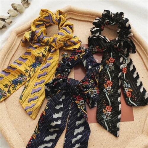 New Boho Floral Print Elastic Rubber Bands Sweet Bow Ribbon Ponytail Holder For Women Girl Fashion Diy Knot Hair Tie Accessories