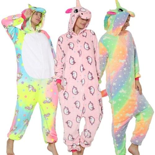 Women Winter Flannel Onesies Kigurumi Unicorn Pajamas Long Sleeve Sleepwear Homewear Adult Animal Panda Pajamas Unisex Jumpsuit