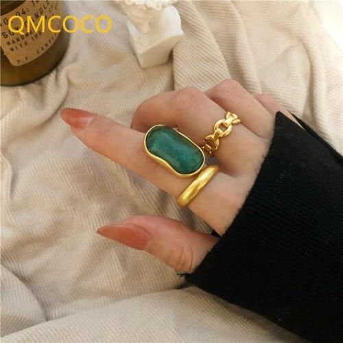 QMCOCO 925 Silver French Big Green Zircon Ring Women Cross Chain Simple Fashion Smooth Temperament Jewelry