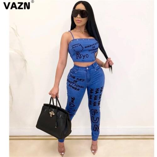 VAZN 2020 Sexy Fresh Clear Jean Bandage Two Piece Set Button 2 Piece Set Women Sleeveless Top And Pant Autumn Sets