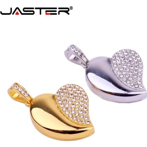 JASTER Crystal diamond love heart with chain usb flash drive pendrive 4GB 16GB 32GB 64GB necklace heart shape memory stick gift