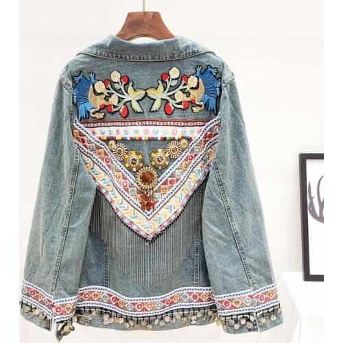 Womens autumn winter casual loose national embroidery denim jacket female high waist plus size jean jacket outwear TB861