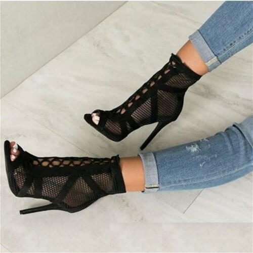 JINJOE New fashion show Black net Suede fabric Cross strap Sexy high heel sandals woman shoes pumps lace-up peep Toe Sandals
