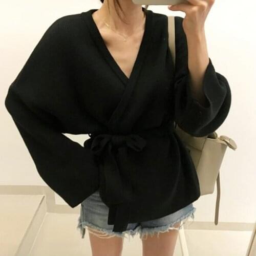 Fashion Women Sweaters2019Autumn Computer Knitted V-Neck Bow Solid Women Sweater Cardigans Casual Women Winter Tops 5294 50