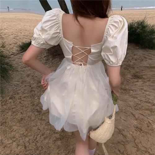 Back bandage dress summer high waist backless bubble sleeve princess skirt a-word fluffy vestido de mujer sexy dress