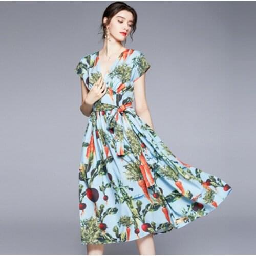 Sicily 2021 Summer Floral Beach Dress For Women Runway V-Neck Short Sleeve Vintage Print Elegant Lace-Up Holiday Big Swing Dress
