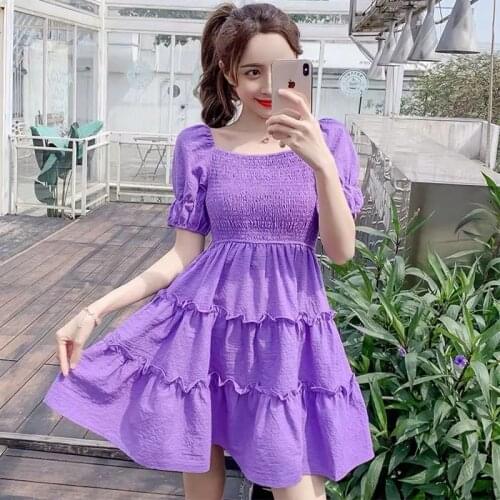 Vintage Square Neck Puff Sleeve Purple Dress Women Summer Kawaii Stretch Chest Empire Short Ruffle Dresses Ladies robe fille